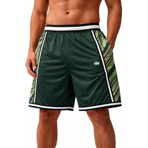 NBA Mens Basketball Shorts XL Green Striped Athletic Gym Pockets Mesh Logo